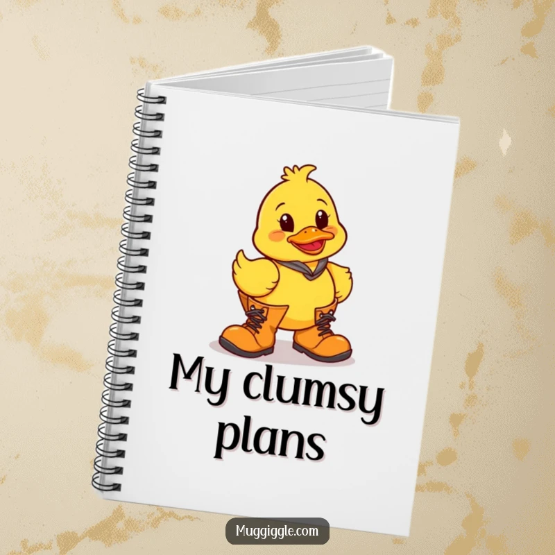 Funny rubber duck character attempting to walk in oversized boots, featured on a notebook for humorous note-taking.