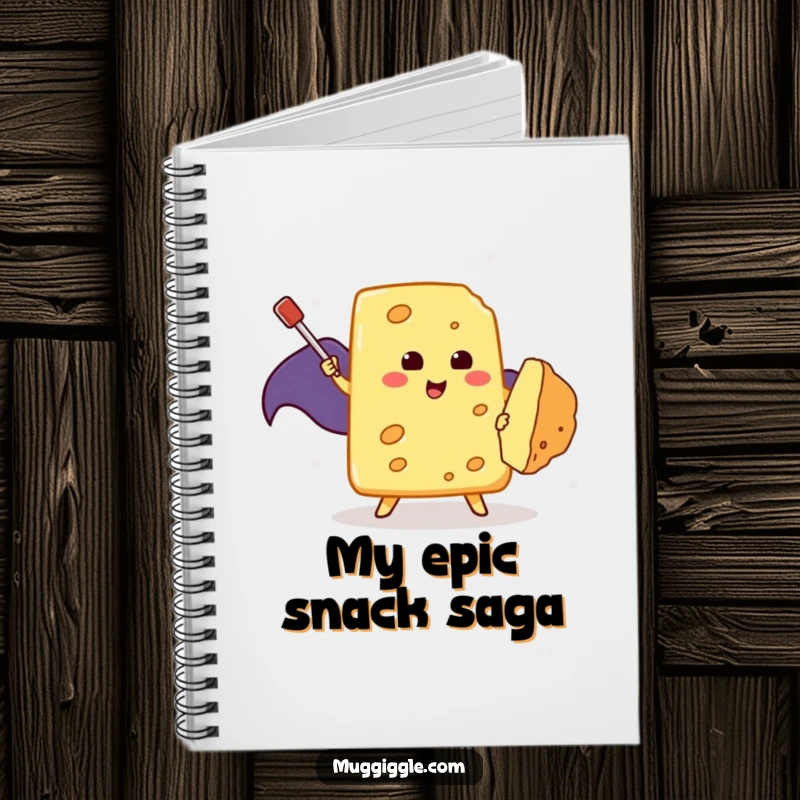 Funny Notebook: A brave cheese slice in a cape heroically combats a minuscule crumb with a toothpick, ready for action.