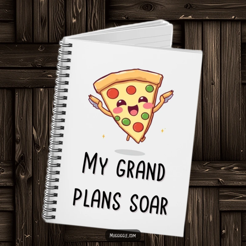 Funny notebook featuring a joyful pizza slice character attempting flight with breadstick wings, designed for jotting down food ideas and creative thoughts.
