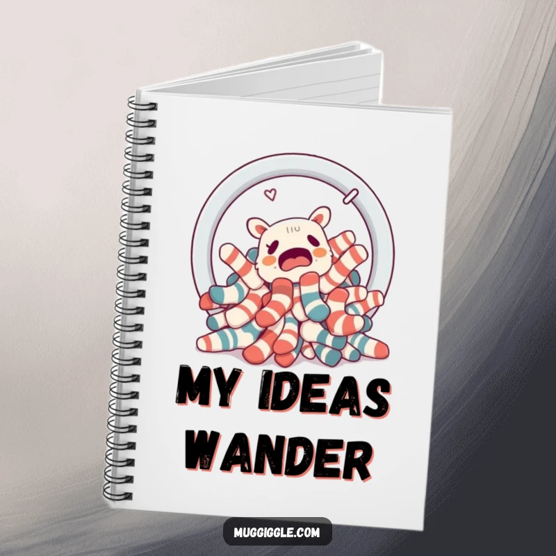 Funny pile of confused socks attempting to escape a laundry basket portal, featured on the cover of a fun notebook.