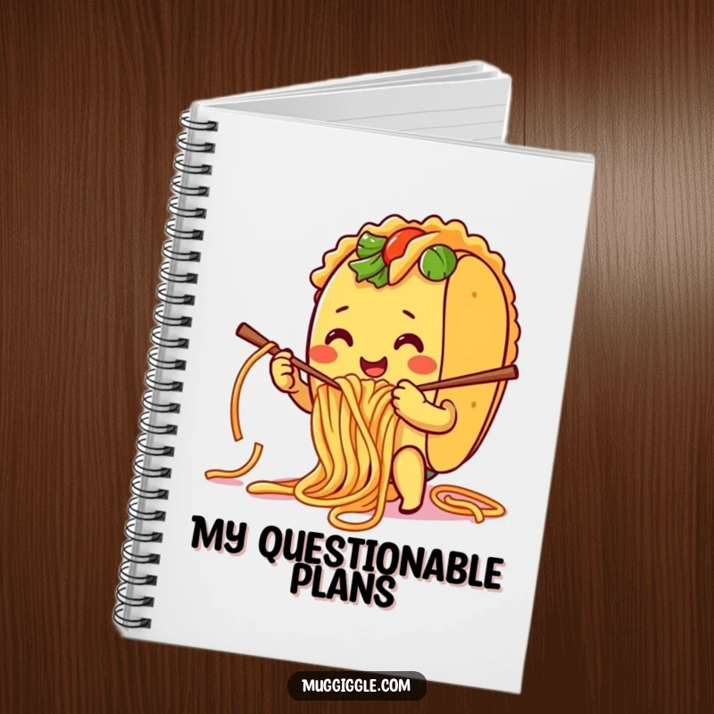 Funny Notebook: A smiling taco character humorously attempting to knit with spaghetti noodles, perfect for journaling creative ideas.