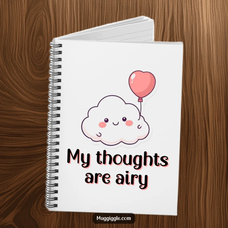 Funny notebook with a smiling cloud character floating away with a runaway balloon, perfect for jotting down whimsical ideas.