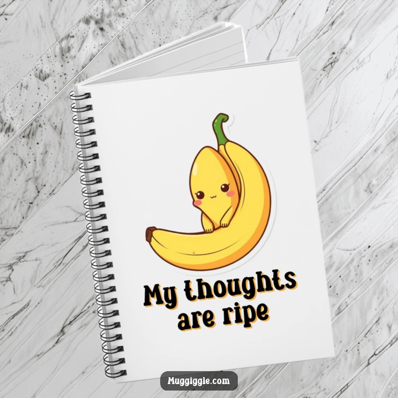 Funny notebook featuring a curious banana character peeking out from an empty banana peel, designed for jotting down ideas and creative thoughts.