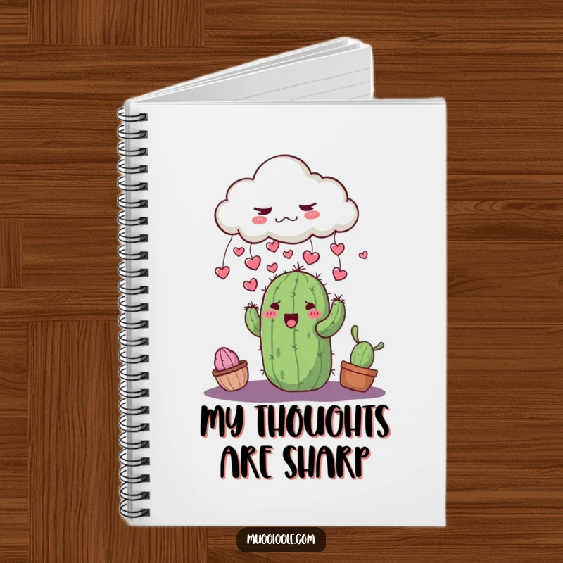 Funny grumpy cloud raining tiny hearts onto a smiling cactus, featured on the cover of a cute notebook.