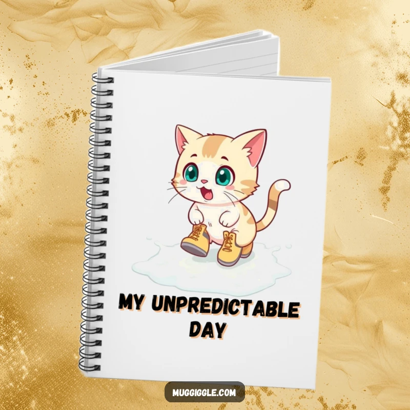 Funny Notebook: Surprised cat in tiny boots sliding on spilled milk, inspiring humorous note-taking.