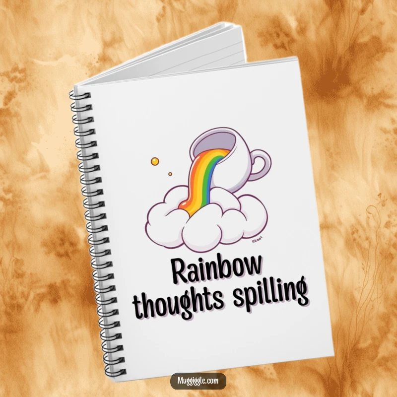 Funny Notebook: A small teacup spills a colorful rainbow onto a surprised fluffy cloud, perfect for capturing funny thoughts.