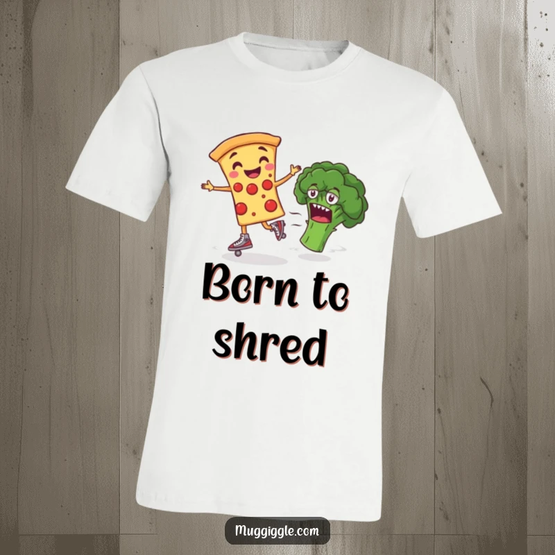 Funny T-Shirt featuring a smiling pizza slice on roller skates, playfully zooming past confused broccoli, a hilarious gift for foodies.