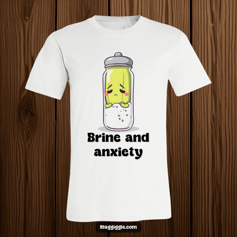 Funny pickle character looking anxious while hiding behind a large salt shaker on a t-shirt.