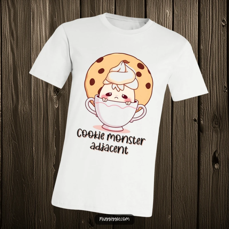 Funny t-shirt with a shy teacup character peeking cautiously from behind an oversized cookie, creating a sweet, amusing scene.