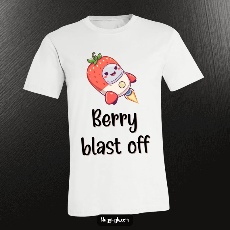 Funny T-Shirt featuring a smiling strawberry piloting a small rocket ship that is comically wobbling in the air.