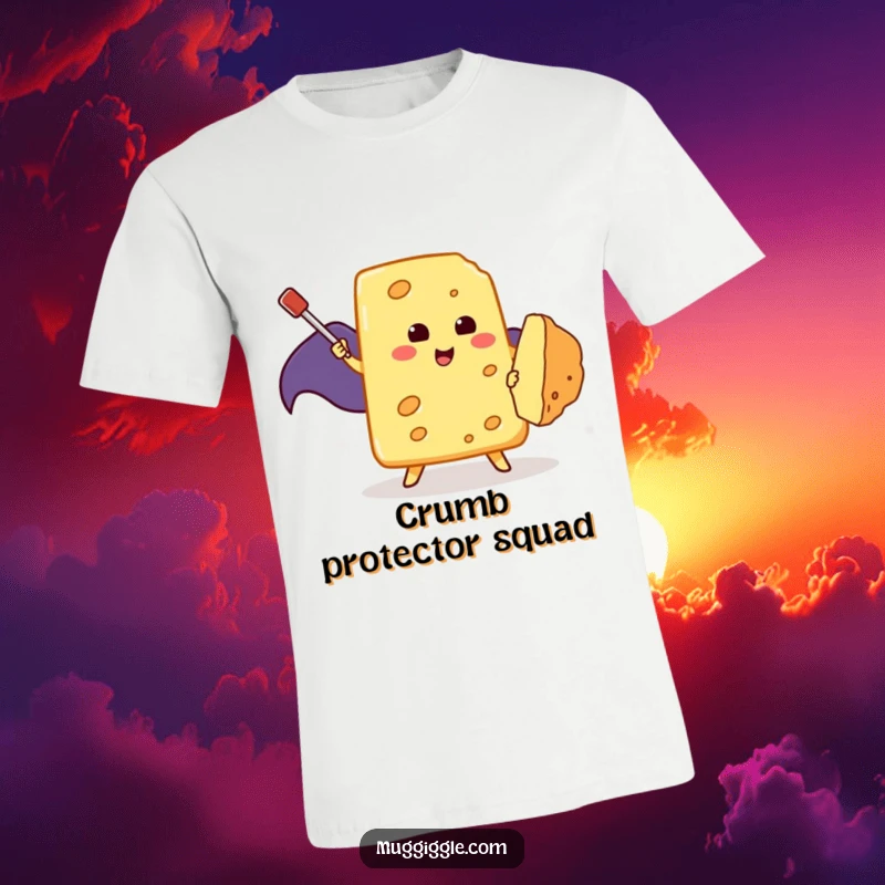 Funny T-Shirt: A courageous slice of cheese in a superhero cape bravely fights a minuscule crumb with a toothpick.
