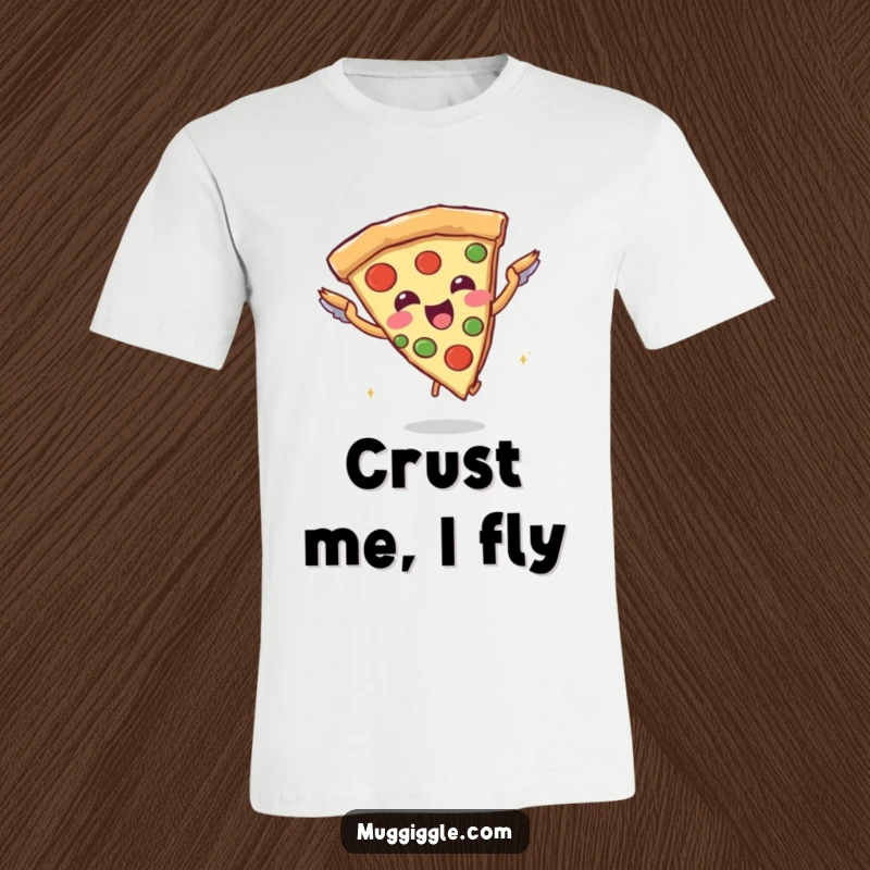 Funny t-shirt showcasing a joyful pizza slice character attempting to fly with tiny breadstick wings, embodying food-fueled ambition.