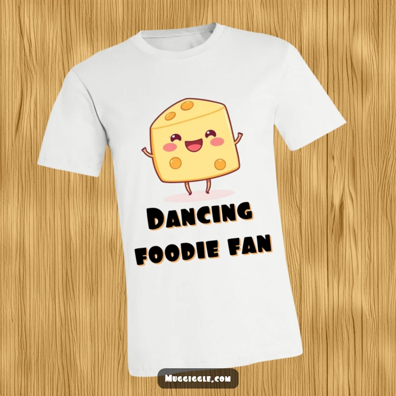 Funny happy cheese wedge character with small dancing legs on a t-shirt, a playful and humorous design.