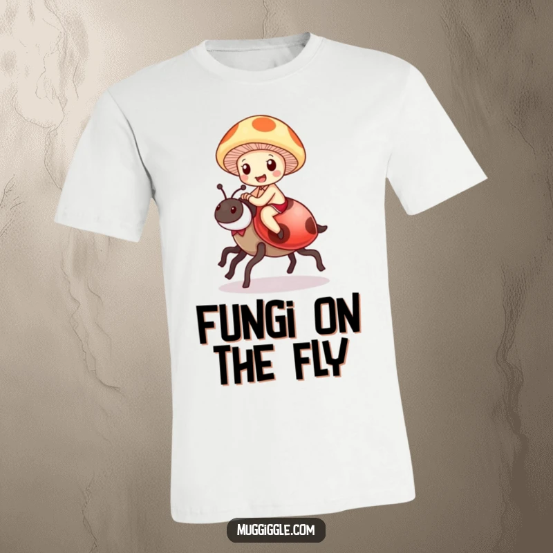 Funny Mushroom Ladybug T-Shirt: A delighted mushroom character joyfully rides a ladybug like a grand steed, a magical cartoon.