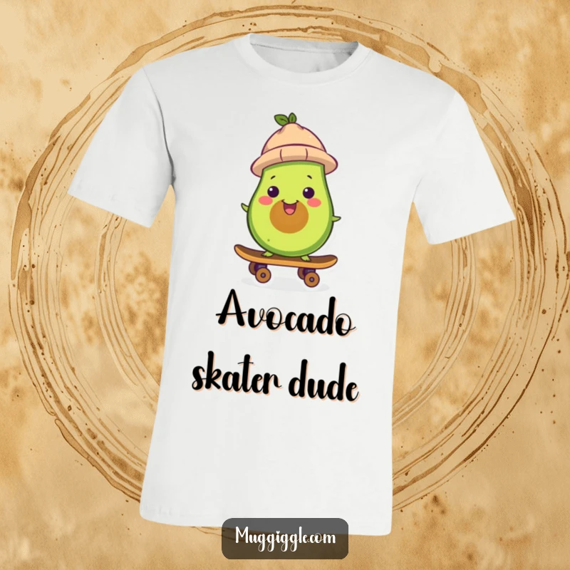Funny avocado t-shirt, wearing a hat, cruising on a skateboard with a grin, embodying cool and playful food humor.