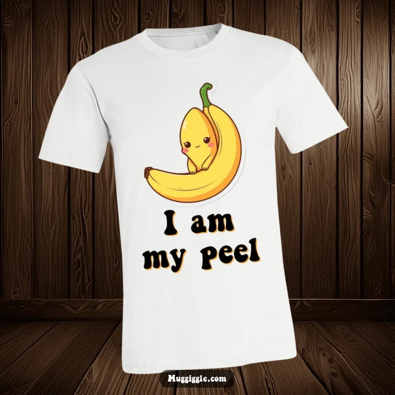 Funny t-shirt showcasing a curious banana character peeking out from an empty banana peel, embodying playful mischief and humor.