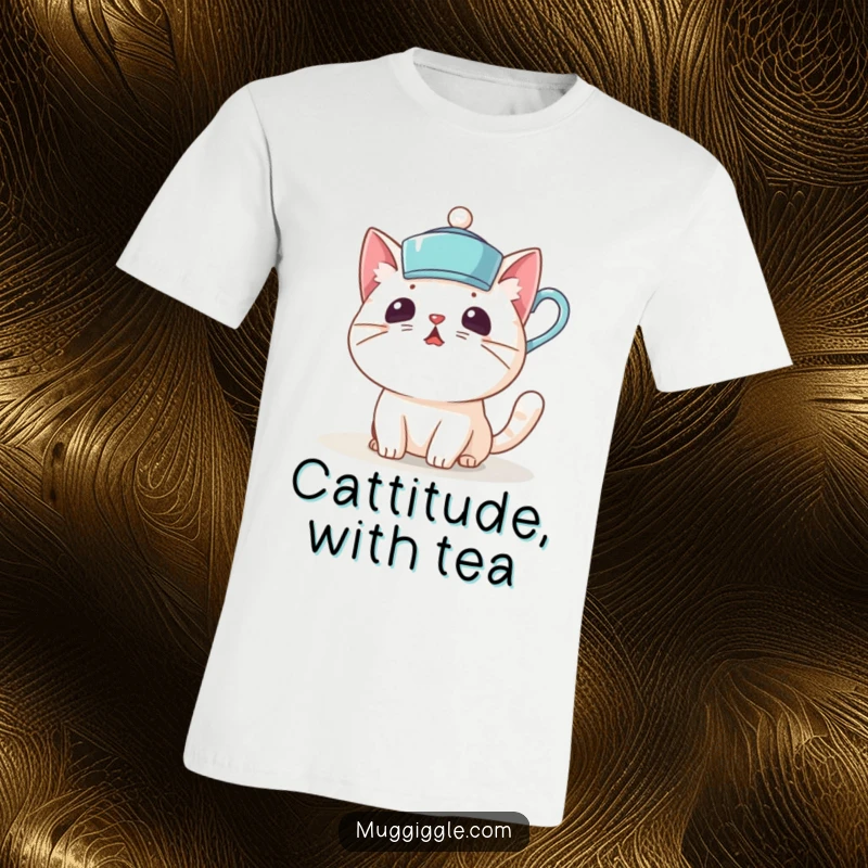 Funny t-shirt with a surprised cat character accidentally wearing a teacup as a hat, showcasing feline absurdity.