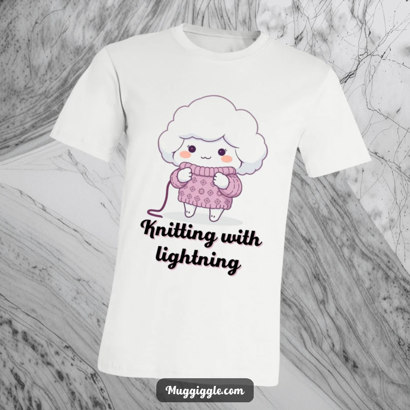 Funny T-Shirt of a fluffy cloud knitting a sweater for a tiny planet, symbolizing care and warmth with delightful humor, a perfect gift.