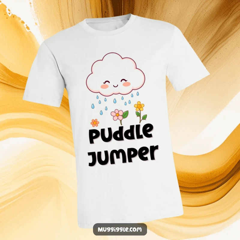 Funny cloud character t-shirt, raining happy raindrops on a flower, symbolizing growth and happiness.