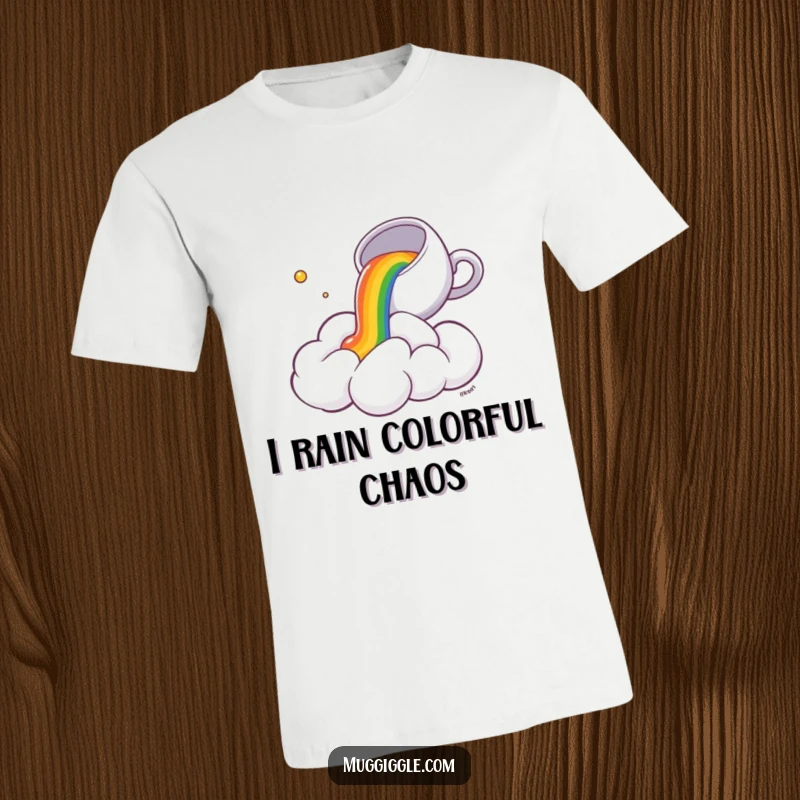 Funny T-Shirt: A small teacup joyfully spills a cascade of rainbow tea onto a wide-eyed, surprised fluffy cloud.