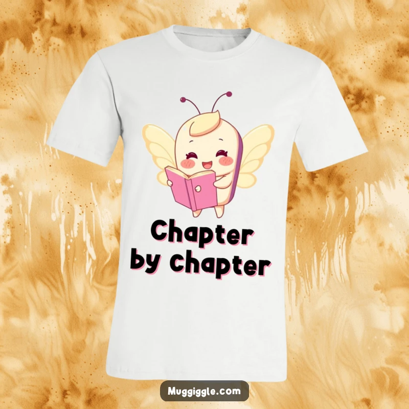Funny t-shirt featuring a happy book character comically flying with tiny butterfly wings, perfect for readers with a whimsical sense of humor.