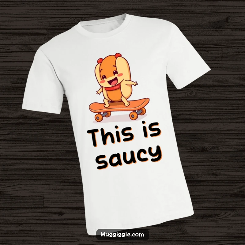 Funny t-shirt depicting a smiling hot dog character riding a runaway skateboard, capturing a moment of energetic, food-themed adventure.