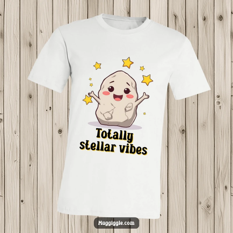 Funny happy rock character joyfully juggling small stars on a t-shirt, a celestial and humorous design.