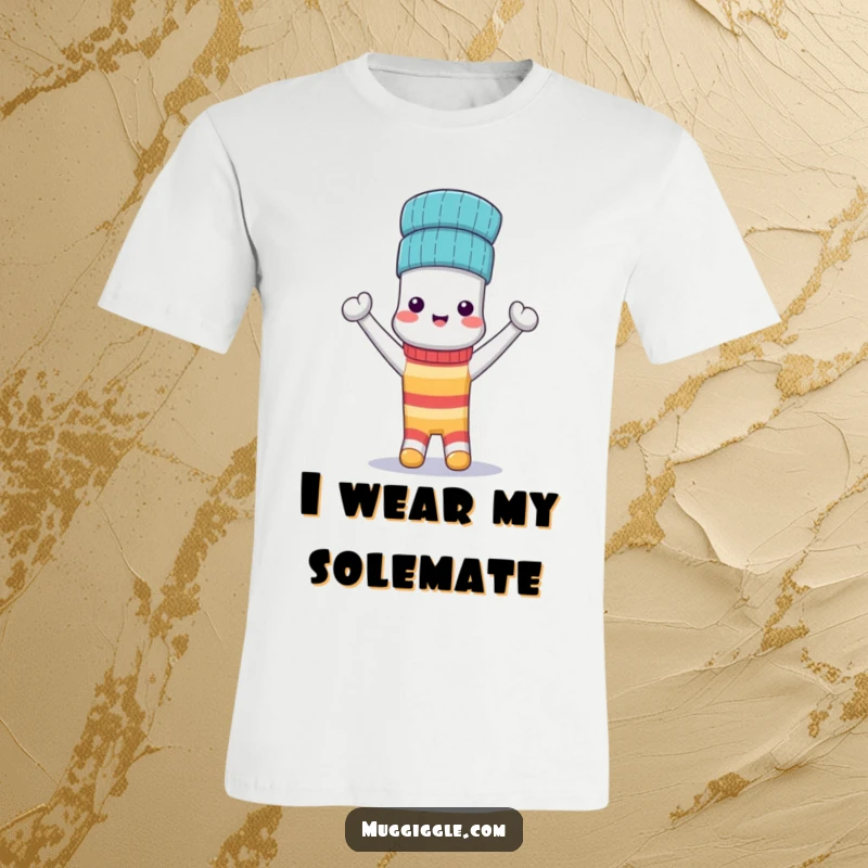 Funny T-Shirt: A cheerful anthropomorphic sock sports its partner sock as a proud, triumphant hat, celebrating unity.