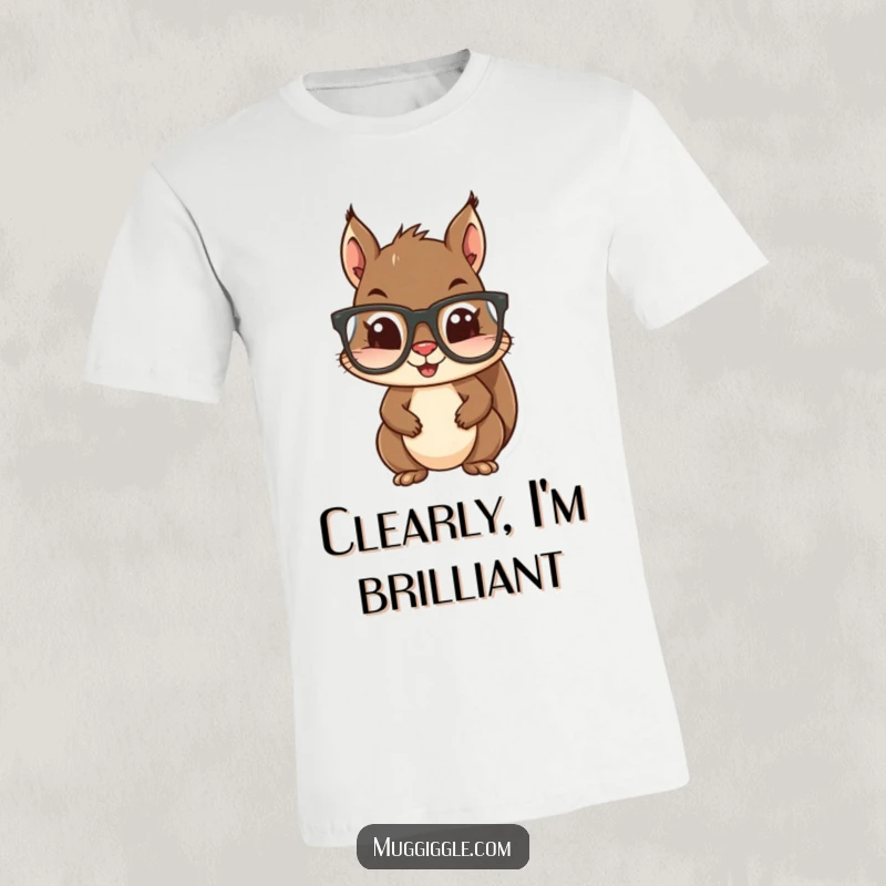 Funny t-shirt depicting a mischievous squirrel fumbling with oversized glasses, a symbol of woodland charm and humor.