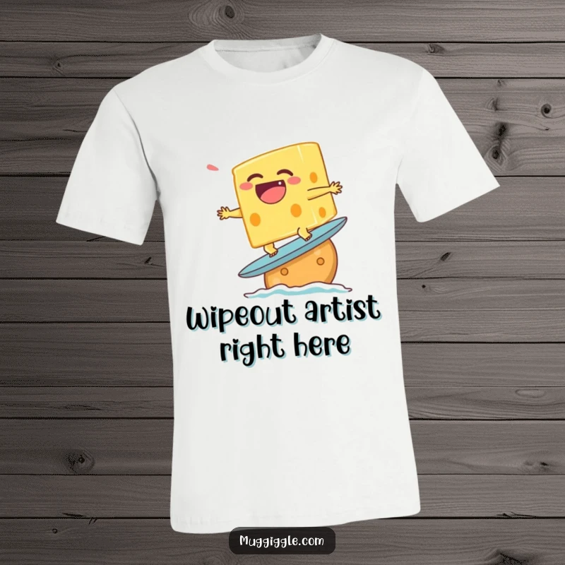 Funny t-shirt showing a laughing cheese character attempting to surf on a cracker, a humorous depiction of foodie fun.