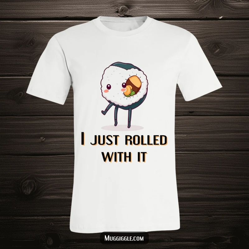 Funny sushi roll t-shirt, legs kicking mid-cartwheel with a comical off-balance pose, expressing playful chaos for a humorous gift.