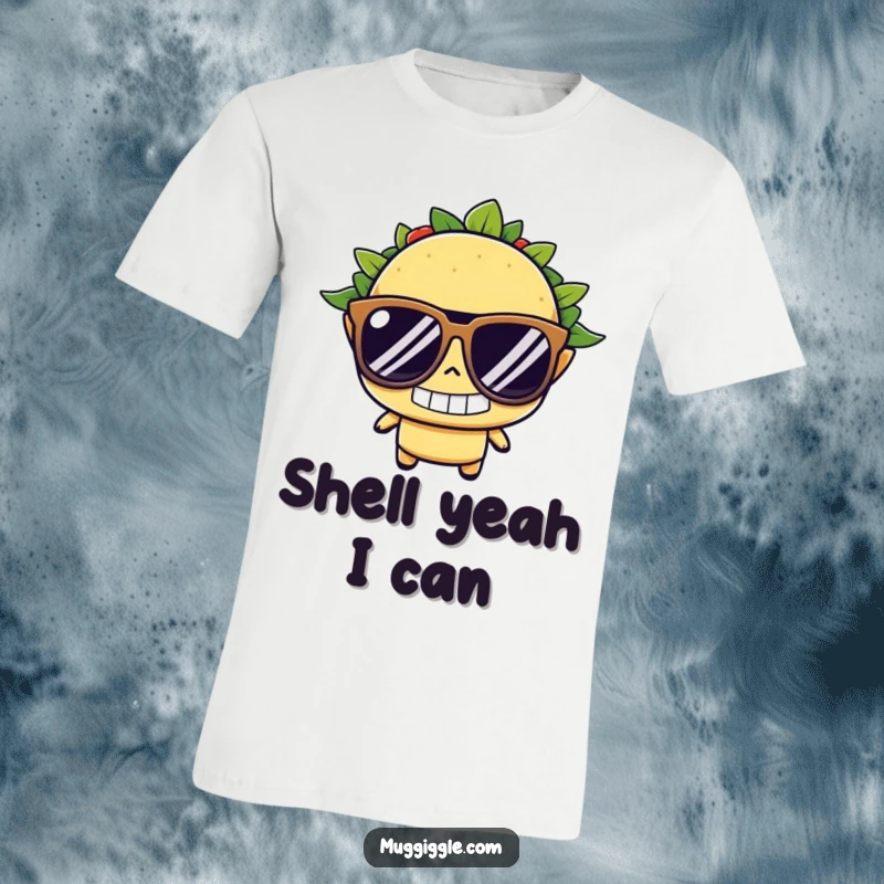 Funny taco t-shirt, wearing oversized sunglasses and a determined grin, showcasing cool, confident, and humorous food apparel.