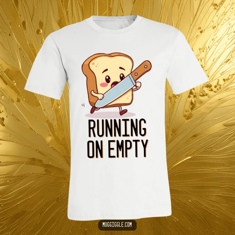 Funny t-shirt featuring a scared toast character running from a playful, oversized butter knife in a breakfast theme.