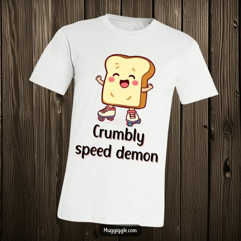 Funny Toast Roller Skates T-Shirt: A determined slice of toast character comically attempting to put on roller skates, showcasing effort.