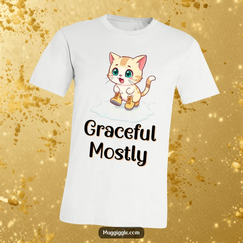 Funny T-Shirt: A surprised cat in tiny boots comically slides on a spilled milk puddle, a scene of adorable mayhem.