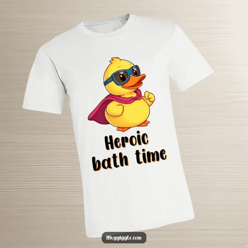Funny T-shirt featuring a rubber ducky superhero in a cape, striking a dynamic, heroic pose with a smile.
