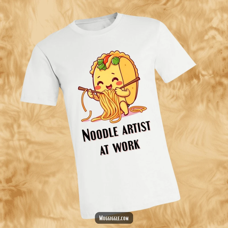 Funny T-Shirt: A smiling taco character humorously trying to knit a garment using spaghetti noodles as yarn.