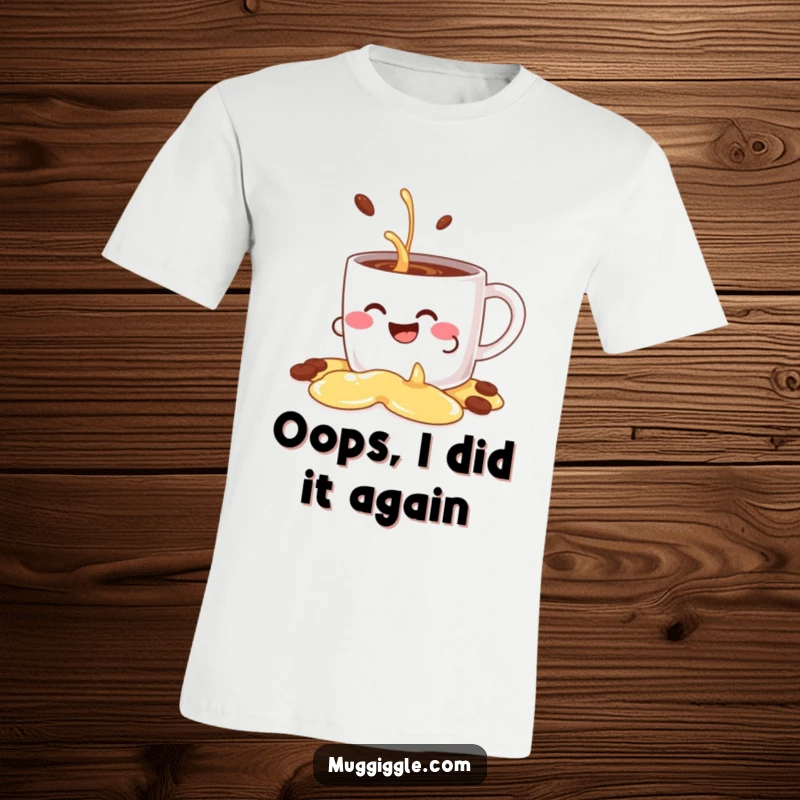 Funny t-shirt featuring a giggling coffee mug character comically spilling its contents decoratively, perfect for coffee lovers.