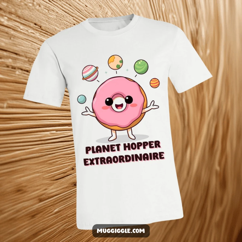 Funny smiling donut character playfully juggling tiny planets, showcasing a hilarious cosmic theme on a t-shirt.