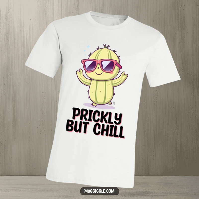 Funny t-shirt featuring a cute cactus cartoon character energetically dancing while wearing oversized, stylish sunglasses.
