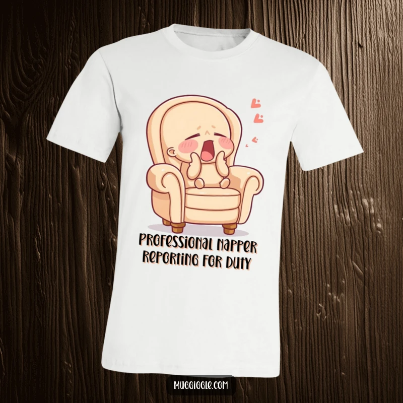 Funny armchair t-shirt featuring a sleepy character yawning wide with eyes closed, perfect for cozy lounging and a humorous gift choice.
