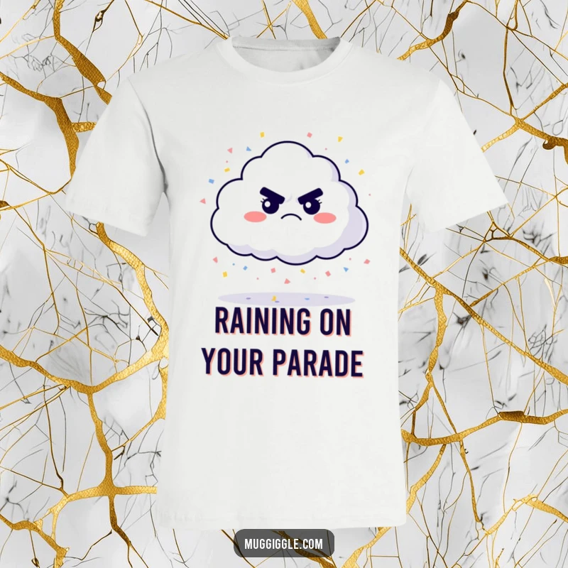 Funny grumpy cloud t-shirt, raining bright confetti despite its frown, a humorous and colorful apparel choice for a funny gift.