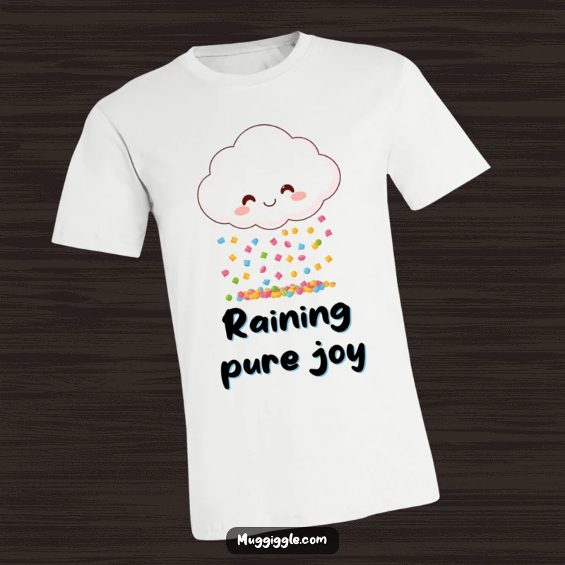 Funny t-shirt with a happy cloud showering colorful candy, symbolizing sweet moments and cheerful weather.