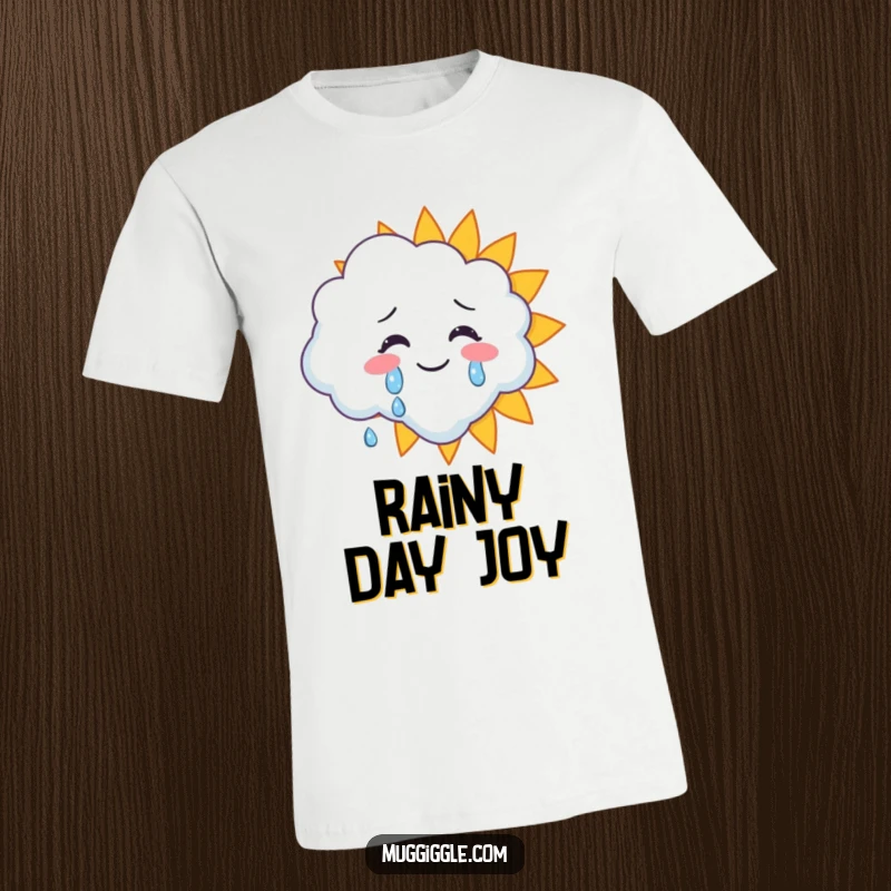 Funny t-shirt depicting a cloud character crying joyful tears onto a radiant, smiling sun character, symbolizing bright emotions.