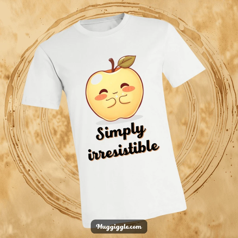 Funny T-Shirt of a shyly blushing apple hugging a large, sparkly button, symbolizing sweet affection and gentle humor, a perfect gift.