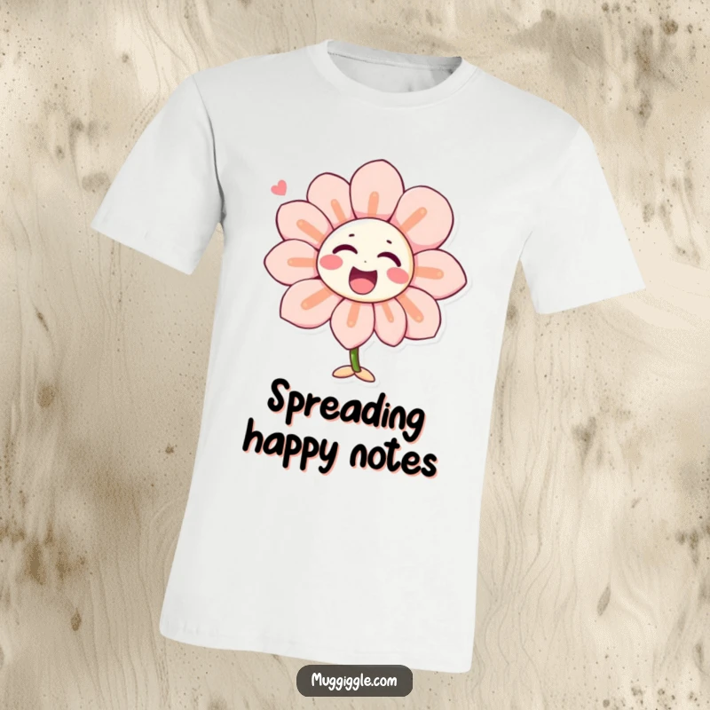 Funny t-shirt depicting a singing flower character with laughter-shaped petals, perfect for spreading joy and whimsical humor.
