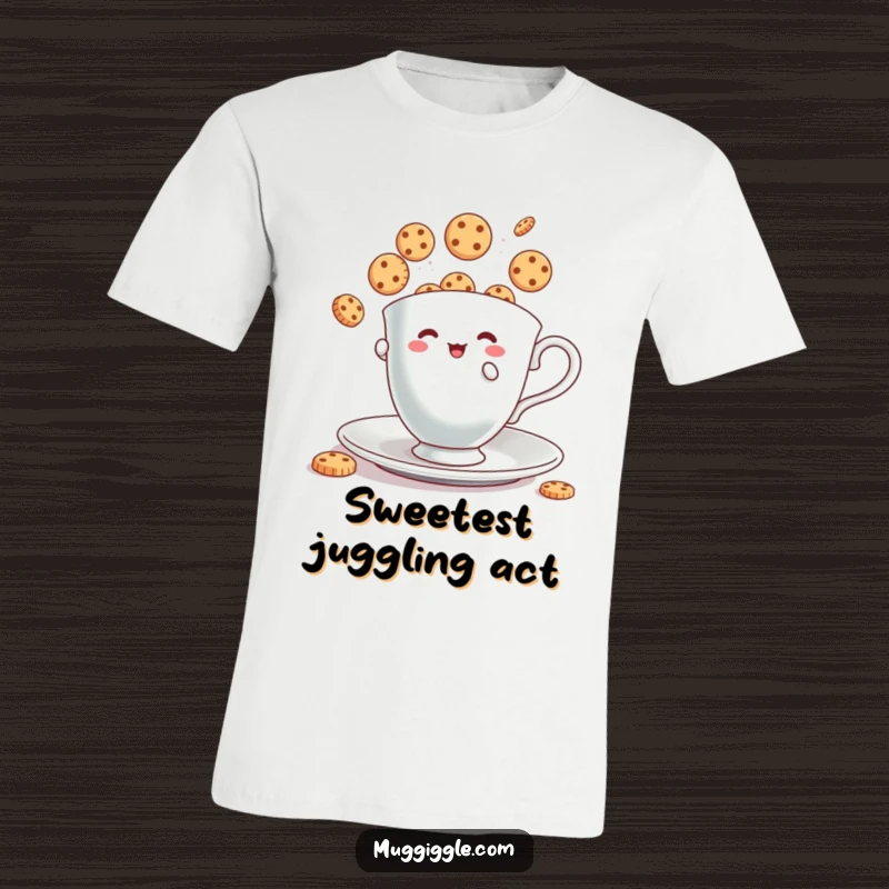 Funny T-Shirt: Tiny teacup character juggling bouncing cookies, a whimsical and humorous design for treat lovers.