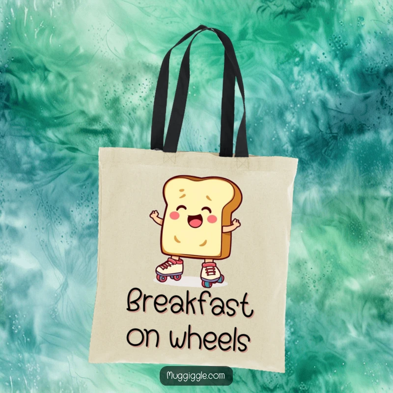 Funny Toast Roller Skates Tote Bag: A determined slice of toast character comically attempting roller skates, a practical and amusing bag.
