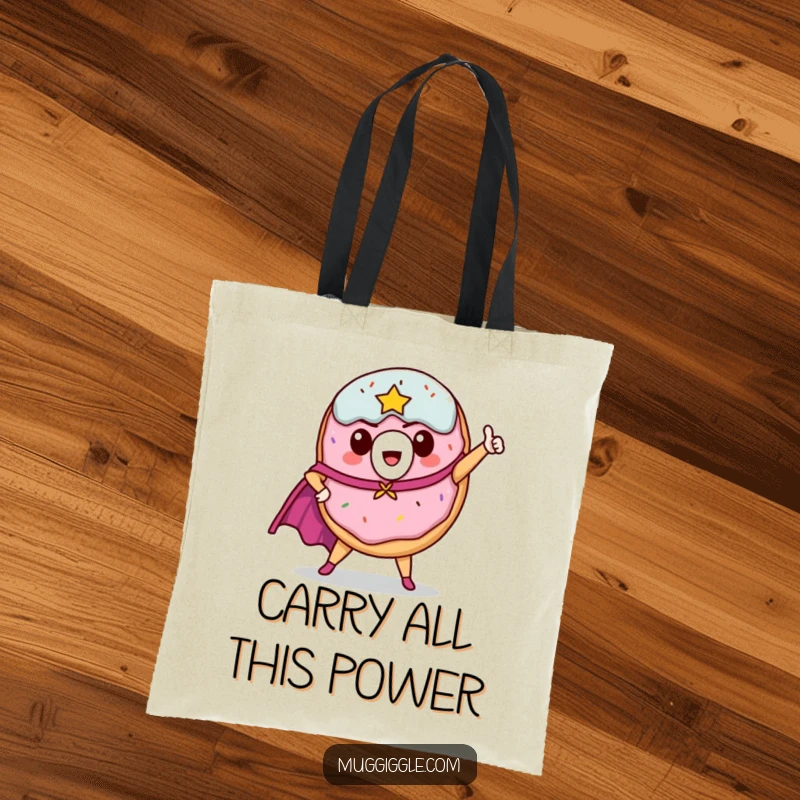 Funny donut hero tote bag, cape attached, striking a bold, heroic pose, ready for errands.
