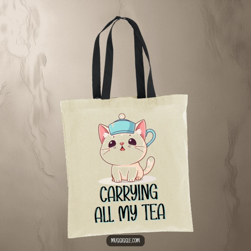 Funny tote bag with a surprised cat character wearing a teacup as a hat, showcasing delightful kitty chaos.